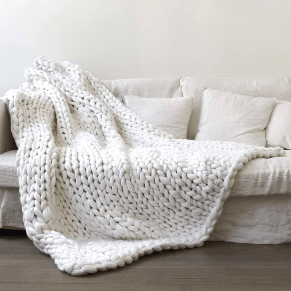 Chunky Hand-Knit White Throw Blanket